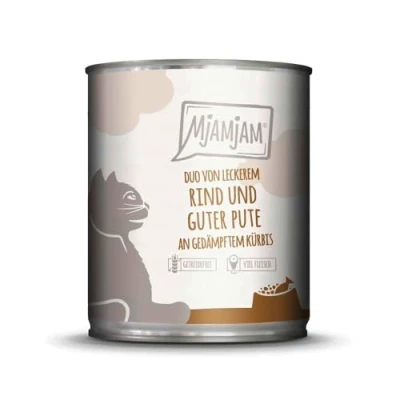 Afbeelding van MjAMjAM Premium natvoer voor katten duo van heerlijk rundvlees en goede kalkoen met gestoomde pompoen, 1 verpakking (1 x 800 g), graanvrij vleessupplement