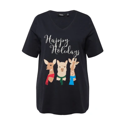 Afbeelding van Ulla Popken Happy Holidays Graphic TEE Tshirt print, Dames, Maat: 42/44, Navy blue