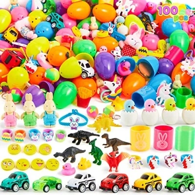 Afbeelding van JOYIN 100 stuks Speelgoed Stickers Plus Voorgevuld Premium Paaseieren 2 3/8 inch Hinged Party Paasthema Gunst, Eieren Hunt, Mand Stuffers Vullers, (Kwaliteitsspeelgoed)