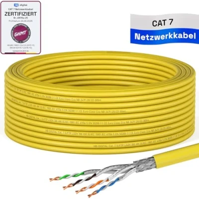 Afbeelding van HB DIGITAL 15m CAT.7 netwerkkabel, LAN kabel, installatiekabel, AWG, 23 puur koper S/FTP PiMF LSZH, halogeenvrij, RoHS compliant, Ethernet datakabel, PoE, 10Gbit/s, GHMT