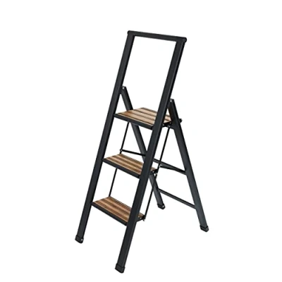 Afbeelding van WENKO Huishoudtrapje aluminium design, XXL treden, robuust in combinatie met bamboe