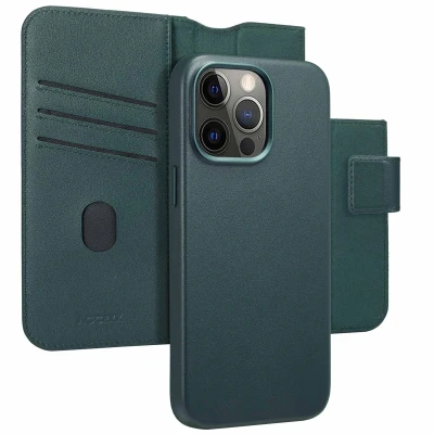 Afbeelding van Apple iPhone 15 Pro Max MagSafe Hoesje Echt leder Accezz Bookcase/2 in 1 Case Donkergroen Telefoonhoesje