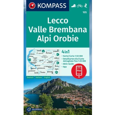 Afbeelding van 105 lecco valle brembana alpi orobie: 4in1 Wanderkarte mit Aktiv Guide und Detailkarten inklusive Karte zur offline Verwendung in der KOMPASS App. Fahrradfahren. Skitouren.