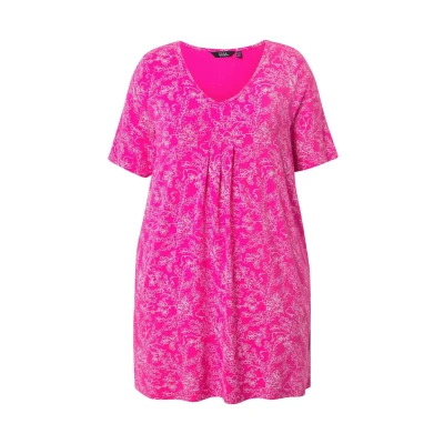 Afbeelding van Ulla Popken Vinework Short Sleeve Pleated Tshirt print, Dames, Maat: 42/44, Magenta pink
