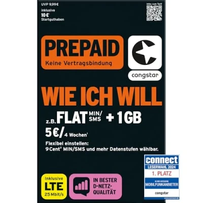 Afbeelding van congstar Allnet Flat Plus [SIM, Micro SIM en Nano SIM] maandelijks opzegbaar (30,00 euro/maand, 1 GB dataplat met max. 21 Mbit/s, in alle Duitse netten)