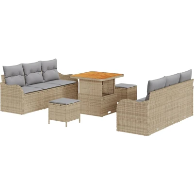 Afbeelding van vidaXL 9 delige Tuinsofa Set met Kussens Beige Poly Rattan Acacia, 2 zits Opbergruimte &amp; Rattan, 3 Tuin Eetset Acacia