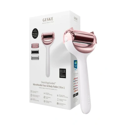 Afbeelding van GESKE SmartAppGuided™ MicroNeedle Face &amp; Body Roller 9 in 1 rozenkwarts Elektrische dermaroller Microneedling apparaat Schoonheidsroller voor gezicht en lichaam