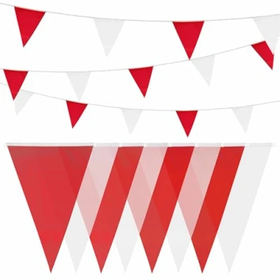 Afbeelding van Heku Wimpelketting rood wit met 20 vlaggetjes, weerbestendig, 10 meter lang, grote, opvallende ideaal voor evenementen, geïntegreerde bevestigingsband