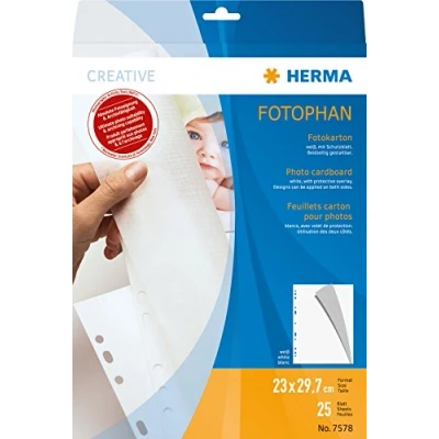 Afbeelding van HERMA 7578 Fotokarton, wit, 25 stuks, 23 x 29,7 cm, 220 g/m², gekleurd karton om op te plakken met pergamijnpapier en euro perforatie voor foto&#039;s, ansichtkaarten, fotoalbum, map, ringband of
