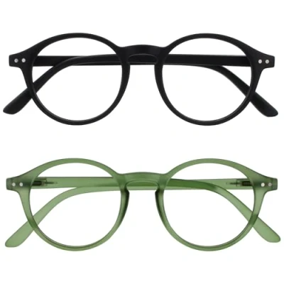 Afbeelding van OPULIZE REY Leesbril 2 Pack Retro Rond Montuur Matzwart, Groen Heren Dames Veerscharnieren RR56 16 +3.00