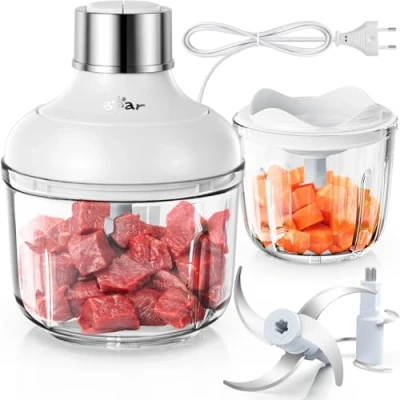 Afbeelding van Bear 0,6 l + 2 hakmolen glas, snelheden, hakselaar met 4 roestvrijstalen messen en vleesmolen, glazen container voor vlees, babyvoeding, fruit, groenten, elektrische mini chopper
