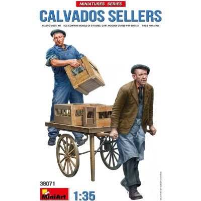 Afbeelding van 1:35 MiniArt 38071 Calvados Verkopers 2 Figuren Kar en Kratten met Flessen Plastic Modelbouwpakket