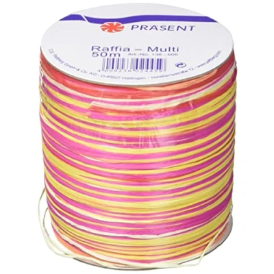 Afbeelding van C.E. Pattberg RAFFIA Meerkleurig roze geel rood lint, 50 meter cadeaulint voor het inpakken van geschenken, 5 strengs lint accessoires decoratie en handwerk, elke