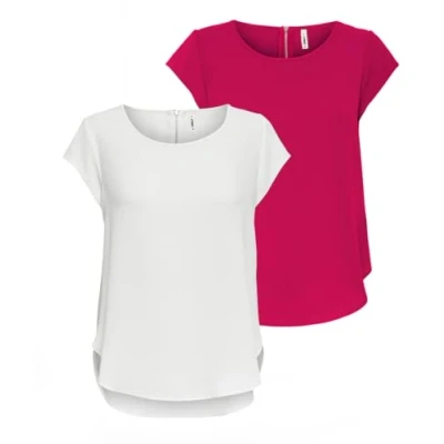 Afbeelding van ONLY Dames Onlvic Ss AOP Noos Ptm Top, T shirt Blouse, Blouseshirt, voor vrouwen, Shirt, Chique Damestop, Set van 2 (1 x Cloud Dancer/1 graniet), 42