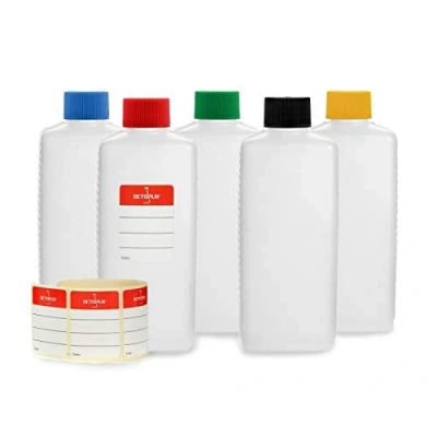 Afbeelding van Octopus 5 x 250 ml plastic flessen, HDPE flessen met kleurrijke schroefsluitingen, lege gekleurde schroefdeksels, vierkante incl. beschrijfbare etiketten