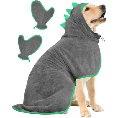 Afbeelding van Bibykivn Hondenbadjas, badjas voor honden, microvezel, zachte handdoek dinosaurus, om je hond te drogen na het zwemmen en baden (groen grijs, M)