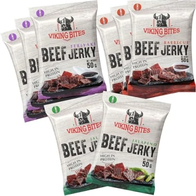 Afbeelding van Viking Bites Beef Jerky gemengd 400 g (8 x 50 g) , 3x Barbecue, Teriyaki, 2x Jalapeno Gedroogd rundvlees Eiwitrijke vleessnack