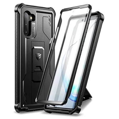 Afbeelding van Dexnor voor Samsung Note 10 hoesje, [ingebouwde schermbeschermer en kickstand] zware militaire bescherming schokbestendige beschermhoes Zwart