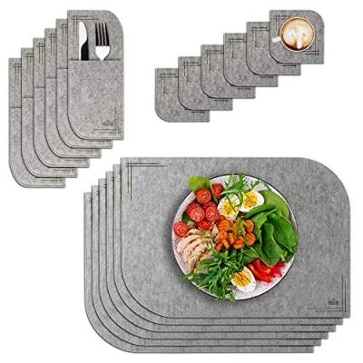 Afbeelding van VILSTO Placemats Afwasbaar, Vilten Set van 18 stuks met 6 Onderzetters en Bestekzakjes, Eetmatten voor Tafel, Keuken Eettafelmatten, Antislip Waterdicht, Lichtgrijs