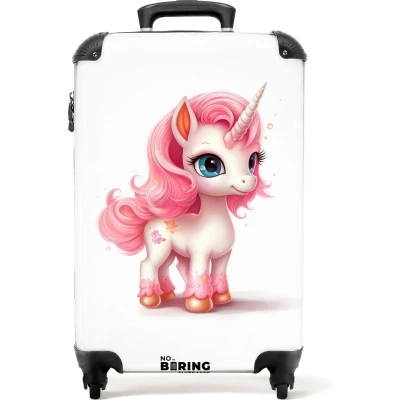 Afbeelding van NoBoringSuitcases.com Roze kinderkoffer eenhoorn Past binnen 55x40x20 cm en 55x35x25 Handbagage koffertje kids Trolley op wieltjes Reiskoffer met wielen Rolkoffer kindervalies unicorn Kindertrolley weekendtas meisje Koffer kinderen