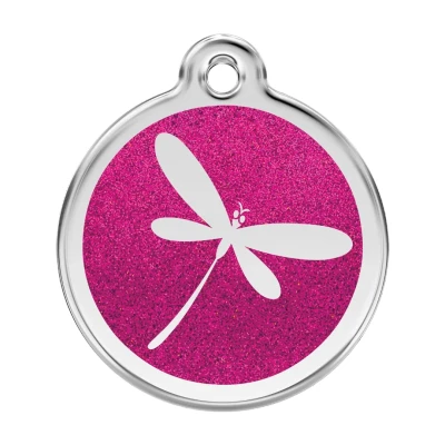 Afbeelding van Dragonfly Hot Pink glitter hondenpenning large/groot dia. 3,8 cm RedDingo