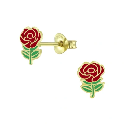 Afbeelding van JoyS Zilveren roos oorbellen rood roosje bloem oorknoppen 6 x 8 mm 14k goudplating