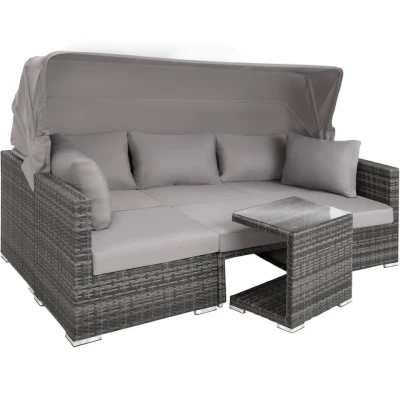 Afbeelding van tectake® Wicker zonneeiland zitgroep, loungemeubelset inclusief bank met zonnekap, kruk, fauteuils en tafel, tuinmeubilair, loungemeubel balkon tuin, terrasmeubilair, weerbestendig grijs