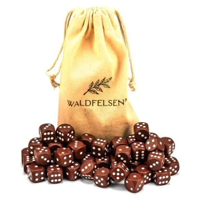 Afbeelding van Waldfelsen 6, 12, 20, 30 of 50 hoogwaardige houten dobbelstenen van echt beukenhout, 16 mm standaard met stoffen zak, kubusset (bruin, stuks)