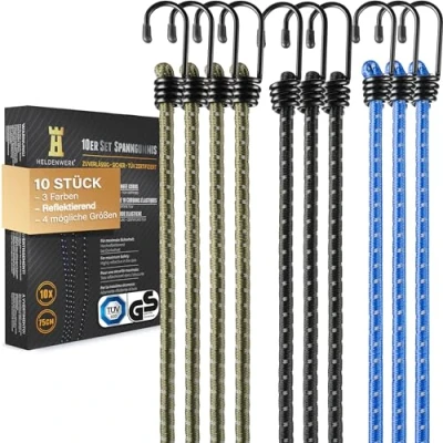 Afbeelding van HELDENWERK Set van 10 expanders, zeer belastbaar, extra sterk, met haken in 30, 45, 75 en 100 cm, spanrubber voor transport, camping zekering, spankabel, rubberen spanner bagagespanner