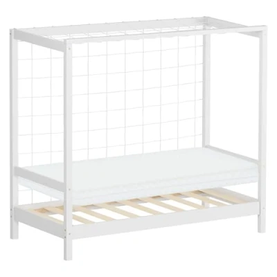 Afbeelding van Kinderbed voetbaldoel 70x140 cm wit gemaakt van dennenhout incl. matras H 10cm houten bed met lattenbodem &amp; doelnet ML Design