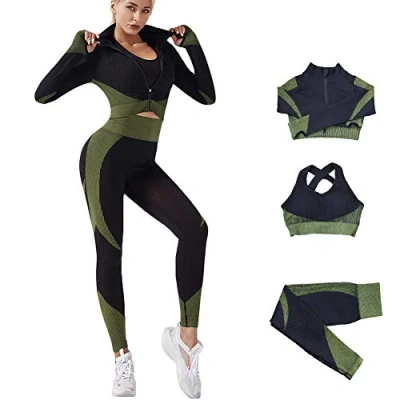 Afbeelding van Veriliss Workoutpak voor dames, 3 delig, naadloze outfit, workoutset, gymkleding, yoga sportkleding, legging en stretch sport beha, gym jumpsuit, kledingset, zwart/groen, M