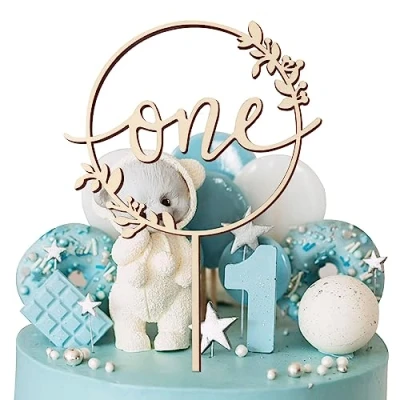 Afbeelding van Topper 1 jaar met bloemen verjaardag houten taarttopper Happy Birthday groot voor feest 1e taartdecoratie