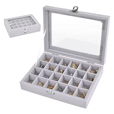 Afbeelding van Naapesi Sieraden Organizer Display, fluwelen oorbel display box met 24 roosters en glazen deksel, oorbellen opbergdoos verstelbare opbergroosters voor kettingen, ringen, armbanden, oorbellen,