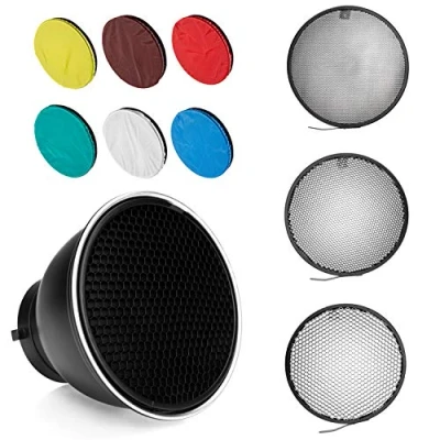 Afbeelding van 7 Inch 18 cm Bowens Mount Standaard Reflector Diffuser met Honingraat Rooster 6 Kleuren Zachte Lichte Doek voor Lamp (Standaard Reflecterend + 10/30/50 Grid)