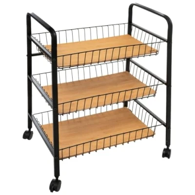 Afbeelding van 5Five Keukentrolley zwart/bamboe 3 laags D39 x B52 H70 cm hout/metaal Opberg trolley