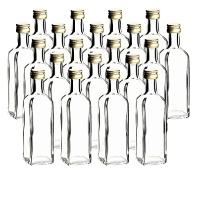 Afbeelding van gouveo Set van 20 glazen flessen 60 ml maraska met schroefdop goudkleurig mini fles 0,06 l om te vullen flesjes voor likeur, jenever, olie of knutselen