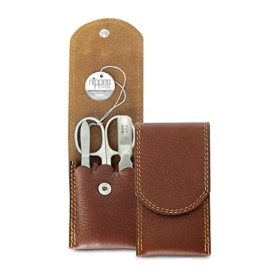 Afbeelding van Nippes Solingen Manicure set 3 delig RVS CLASSIC Bruin Leren Etui Handgemaakt 25 Jaar Garantie
