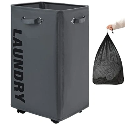 Afbeelding van DOKEHOM 29 inch extra grote wasmand met verwijderbare waszak op wielen, opvouwbare rollende wasmand, kledingorganizer, wascontainer (donkergrijs)