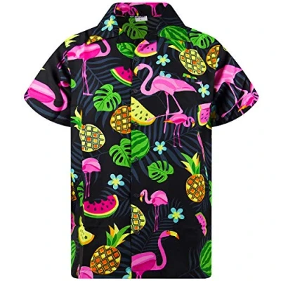 Afbeelding van Funky Hawaiiaans Overhemd, Hawaii Korte Mouw, Flamingo Melon, Zwart, XL