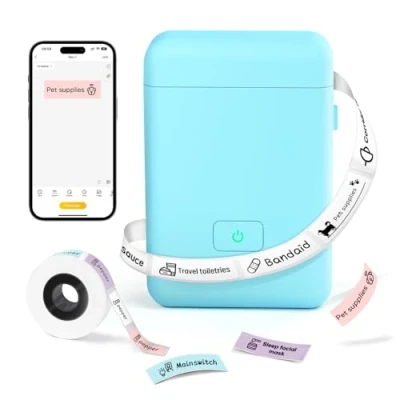 Afbeelding van Bluetooth labelprinter, labelmaker met tape, HP2 draagbare draadloos, printers voor thuisgebruik, thermische labelmachine het organiseren van opslag, barcode, kantoor, thuis, blauw