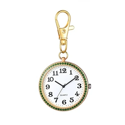 Afbeelding van JewelryWe Sleutelhanger Horloge Strass Quartz Zakhorloge FOB Clip on Riem Nieuwigheid Horloges voor Mannen Vrouwen, Rosegoud groen