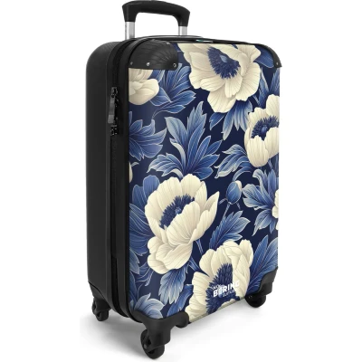 Afbeelding van NoBoringSuitcases.com® Handbagage koffer lichtgewicht Reiskoffer trolley Donkerblauw met witte bloemen Rolkoffer wieltjes Past binnen 55x40x20 en 55x35x25