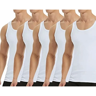 Afbeelding van Falechay Onderhemd Heren Tanktop 5 Pack 100% Katoen Fijne Rib Mouwloos Spier Shirt Sport Vesten Wit S