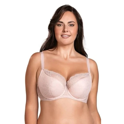 Afbeelding van VIVISENCE 1045 Beha voor dames, met beugel, grote borsten, stevige ondersteuning, kant, halfverstevigde cups, roze, 90C
