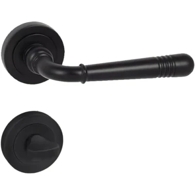 Afbeelding van domino LOFT R BLACK Deurkrukgarnituur, wc badkamerset, ronde rozet, deurbeslag voor badkamerdeuren, set rozetset, deurklink van Znal, zwarte deurkrukgarnituur