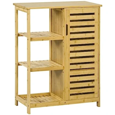 Afbeelding van kleankin Badkamerkast met kastvak, 3 open niveaus, Toilettenkast kantelbeveiliging, Bijzettafelkast voor badkamer, Bamboe, Natuurlijk, 66 x 33 87 cm.