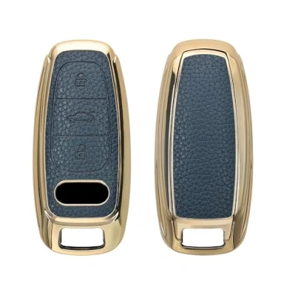 Afbeelding van kwmobile Sleutelhoesje van leer geschikt voor Audi A6 A7 A8 Q7 Q8 3 knops autosleutel Keyless sleutelcover in donkerblauw / goud