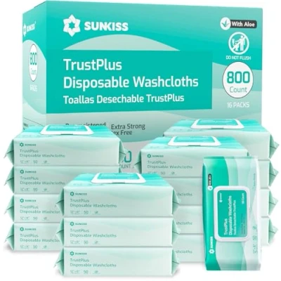 Afbeelding van SUNKISS Trustplus Vochtige doekjes voor volwassenen, extra dik, 20 x 30 cm, lichaamsreinigingsdoekjes met aloë oudere incontinentie en reiniging, 800 stuks (16 verpakkingen van 50)