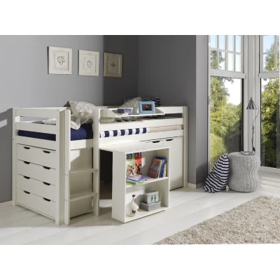 Afbeelding van LUCEVI Pino Halfhoogslaper + Ladder Bureau Commode 4 laden Hangplank 2 deuren Wit 90x200 cm