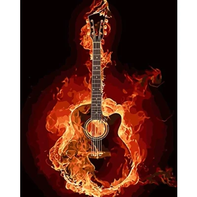 Afbeelding van Awesocrafts Verf op nummer kits, vuur gitaar muziek schilderij voor volwassenen en kinderen 16x20 inch ingelijst of niet (gitaar, geen frame)